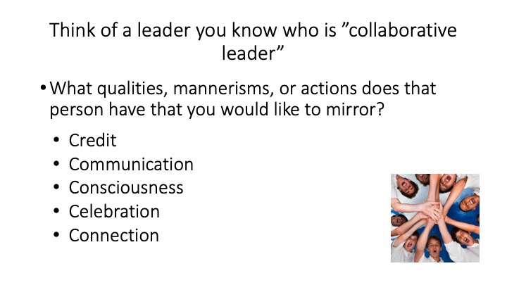 Facilitating Chicago PS WL teacher leaders' exploration of how to become effective collaborators. What does a collaborative environment look like? What are the characteristics of a collaborative leader and a collaborative team? Naming challenges and generating solutions.