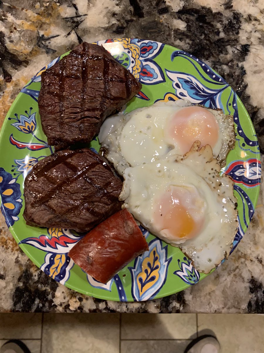 Filet mignon, chouriço (Portuguese sausage) and two fried eggs. Would you eat this for dinner?