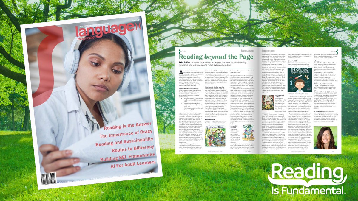 Read about the latest issue of Language Magazine featuring #RIF's Director of Content & Programs Erin Bailey, Ed.D.. Dr. Bailey shares how #reading can inspire children to take learning outdoors & work toward a more #sustainable future. Visit rif.org/news-and-stori…. #ReadwithRIF