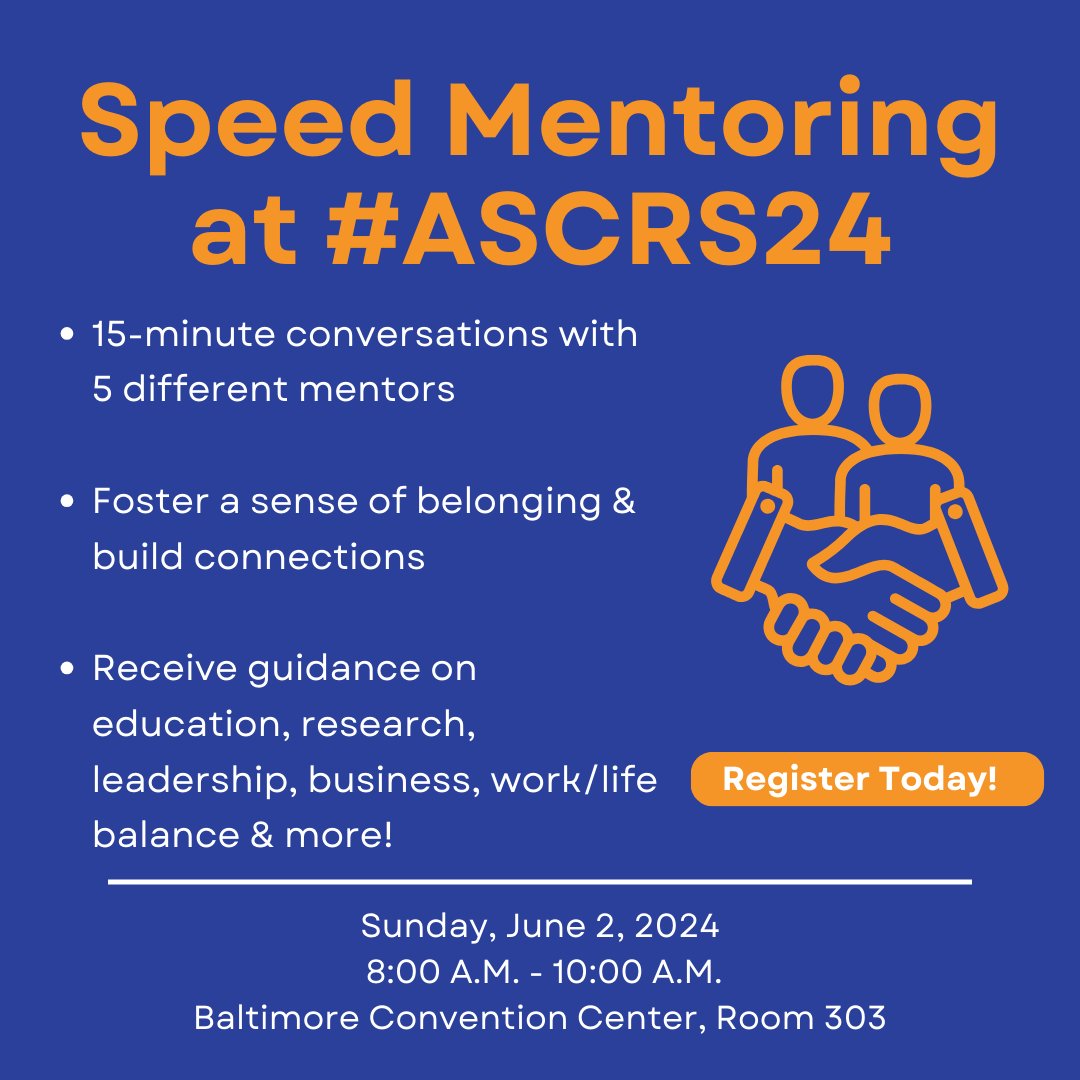 Join us for Speed Mentoring at #ASCRS24! Mentees will have the opportunity to engage in 15-minute conversations with mentors who will share their expertise on various topics including work-life balance and more. Registration is required: ascrs24.eventscribe.net/index.asp?sess…