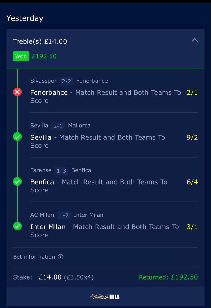 Football Bets…

Crossbar hit tonight on my trebles and fourfold with Fenerbahce drawing 🤦‍♂️🤦‍♂️🤦‍♂️

Profitable night but ohh what should have been. 
We move on…

#turkishfootball #Europeanfootball #FootballTips #footballbetting