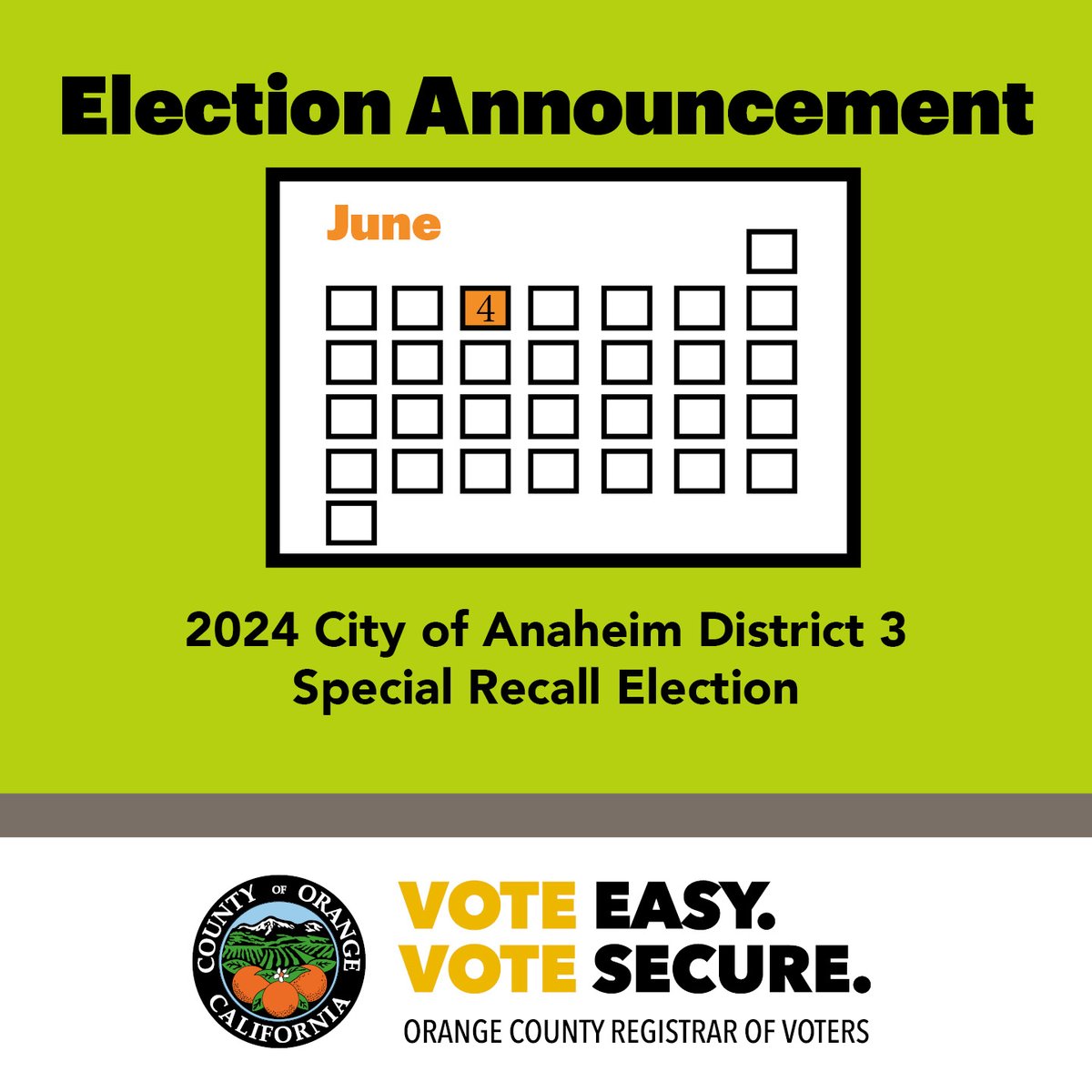 A Special Recall Election will be held on Tuesday, June 4, 2024, in the City of Anaheim District 3. To learn more about important election dates and deadlines, please view the 2024 City of Anaheim Special Recall Election calendar at ocvote.gov/elections/2024… #OCVote #OrangeCounty