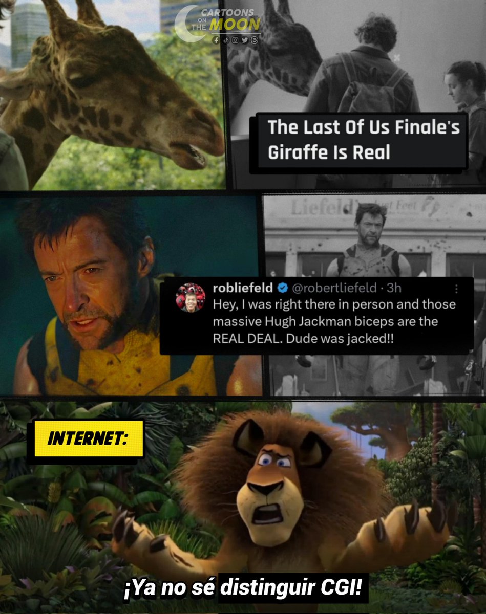 Cuando salió el final de temporada de The Last of Us, miles de fans se quejaron por el horrible CGI de la jirafa.

La jirafa era real.

El día de hoy, miles de fans criticaron el horrible CGI de los músculos de Hugh Jackman en el trailer de Deadpool 3.

Los músculos eran reales.