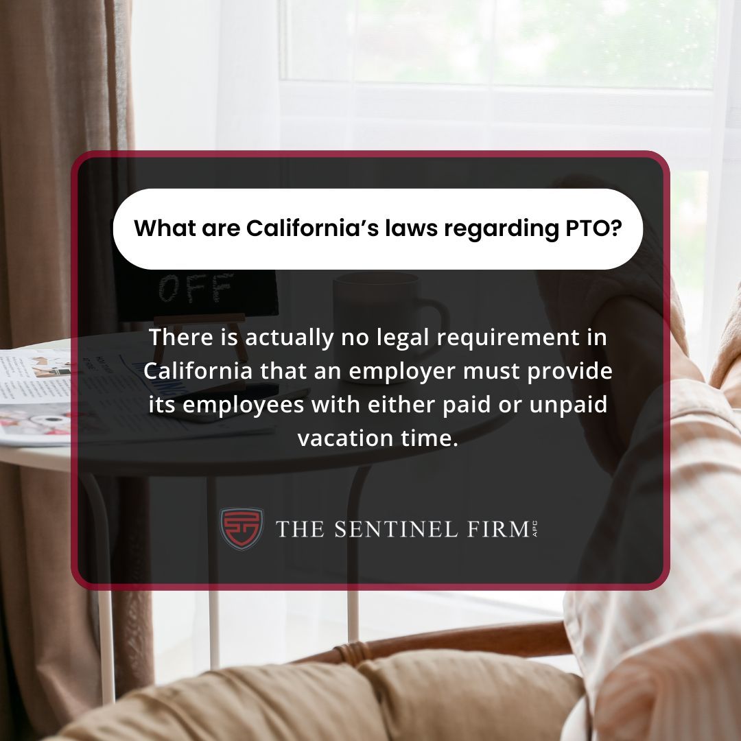 California's PTO laws might not be what you think. Did you know that California doesn't mandate PTO for employees?

💼 The Sentinel Firm, APC
📲 +1 (213) 985-1150

#pto #paidtimeoff #losangeles #laborlawlosangeles #employmentlawlosangeles
