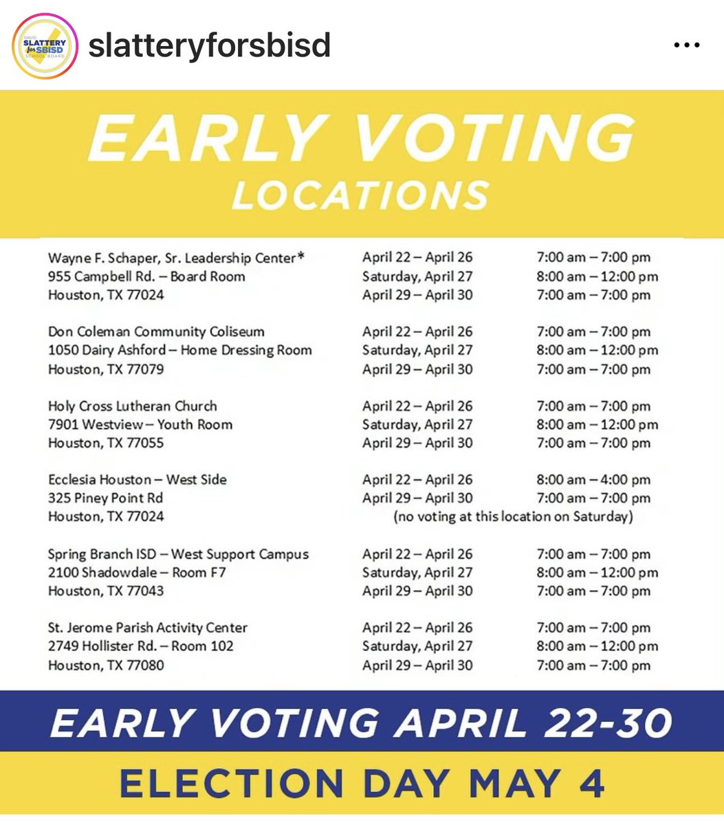 I voted 2X today- legally!  Yes, y’all! Early voting for:
**Local races (ie school board) **Harris County Appraisal District (HCAD) You must go to 2 locations to vote in these elections. Make your voice heard, make the drive & VOTE! 🇺🇸 Election Day is May 4. Early voting 4/22-30!