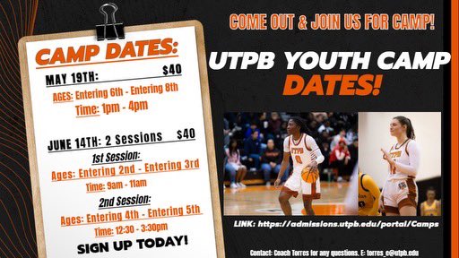 Camp season is here! If you’re entering 2nd-8th grade, sign up today! admissions.utpb.edu/portal/Camps