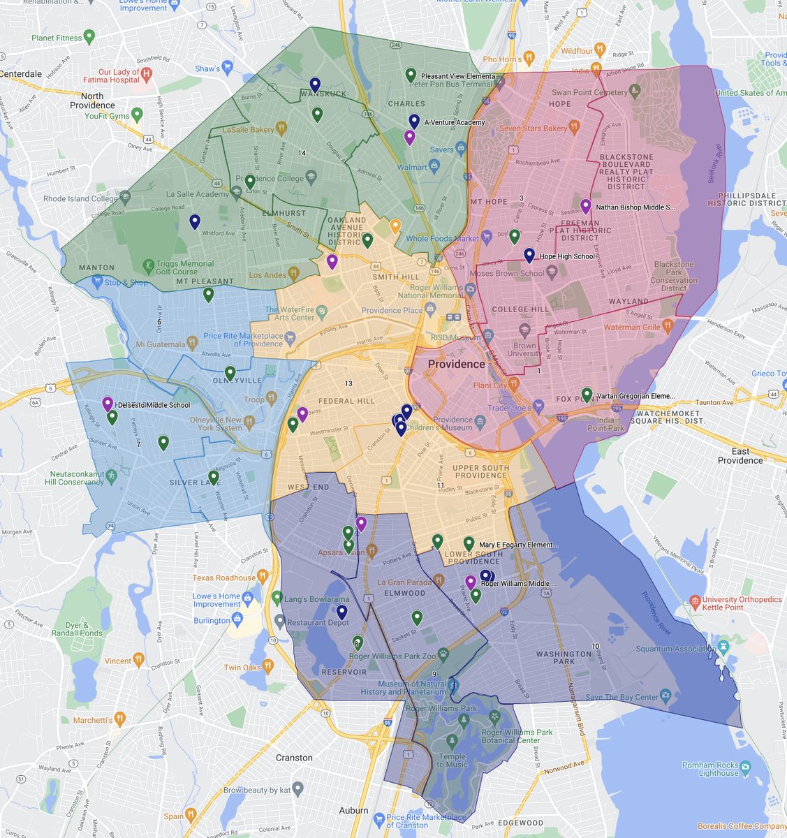 Proposed Providence school board districts with schools superimposed. Green = elementary school Purple = middle school Blue = high school Yellow = district charter