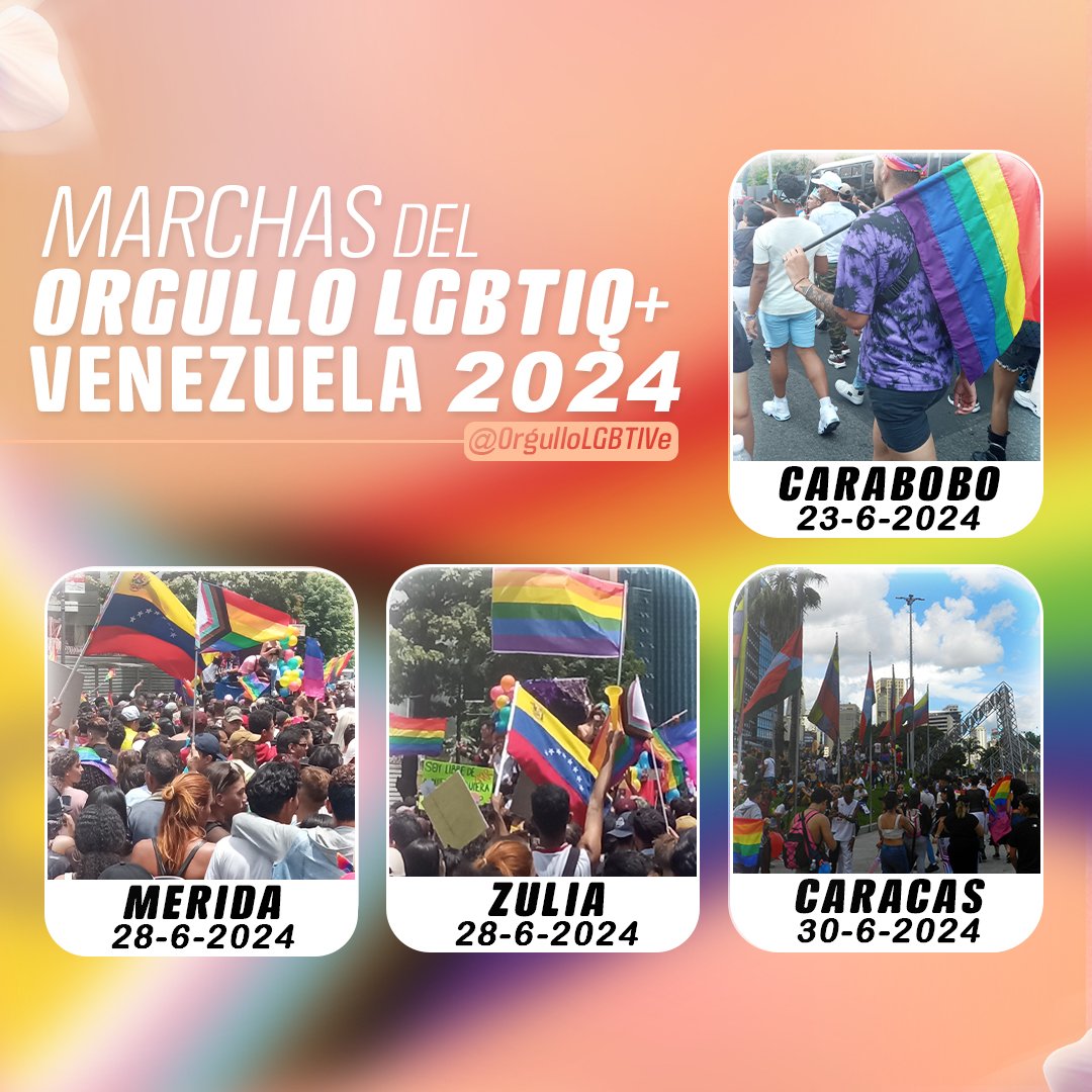 @OrgulloLGBTIVE nos informa: Marchas del Orgullo LGBTIQ+ 2024 en Venezuela 🇻🇪🏳️‍🌈🏳️‍⚧️ Hasta ahora, estas son las ciudades que han confirmado sus fechas:

🔸Carabobo: 23 de Junio
🔸Zulia: 28 de Junio
🔸Mérida 28 de Junio
🔸Caracas: 30 de Junio
#LGBT #GayVenezuela #ILoveGay #GayCaracas