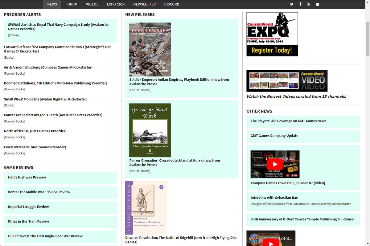 Read the latest news. 21 news items posted on 22 April. consimworld.com 

Register for CSW Expo 2024! 125+ registered.
expo.consimworld.com 

And don't miss our video feed curated from 35 YouTube channels covering consim gaming! consimworld.com/videofeed/ #consimworld