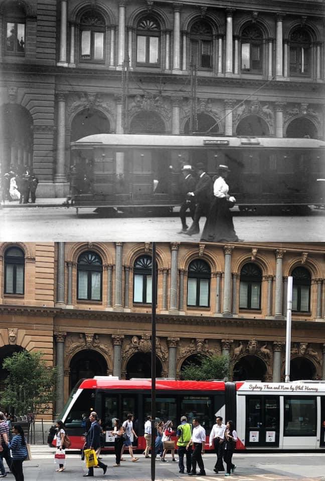 Blast from the STAN past - A tram and pedestrians outside the GPO in George Street, Sydney in circa 1902 and in 2019. [circa 1902-Museums Victoria>2019-Phil Harvey]