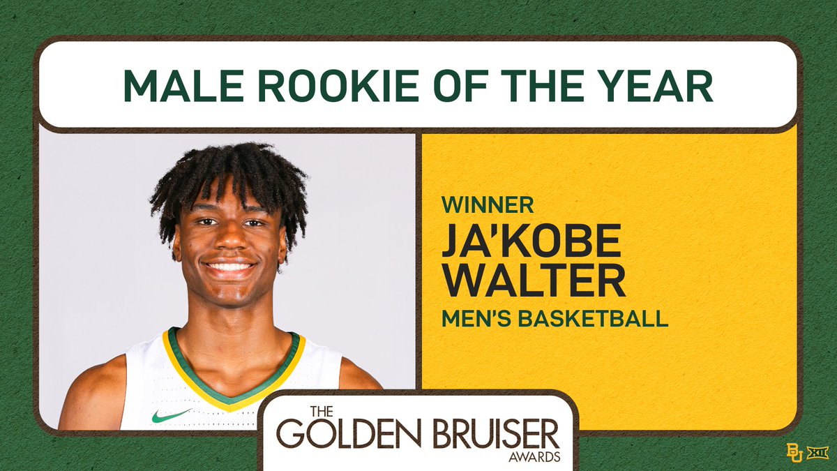 ✔️ Big 12 Freshman of the Year ✔️ Winning a Golden Bruiser The Male Rookie of the Year is @JaKobeWalter1 from @BaylorMBB! 🏀 #SicEm | #GoldenBruisers24