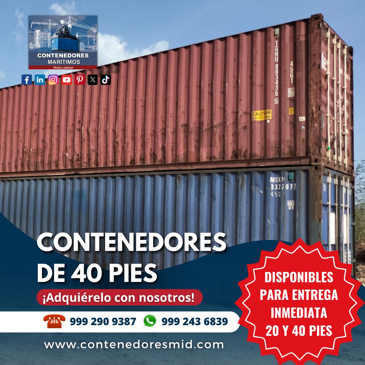 ¡Contáctanos! Estamos para ayudarte y brindarte un mejor servicio.
☎️999 290 9387 📱999 243 6839
🕛 Lunes a Viernes 8:00 am a 6:00 pm y Sábados 8:00 am a 2:00 pm.
📍 Mérida, Yucatán, México.
#ContenedoresMaritimosUsados #contenedoresparareciclar #construccionsustentable