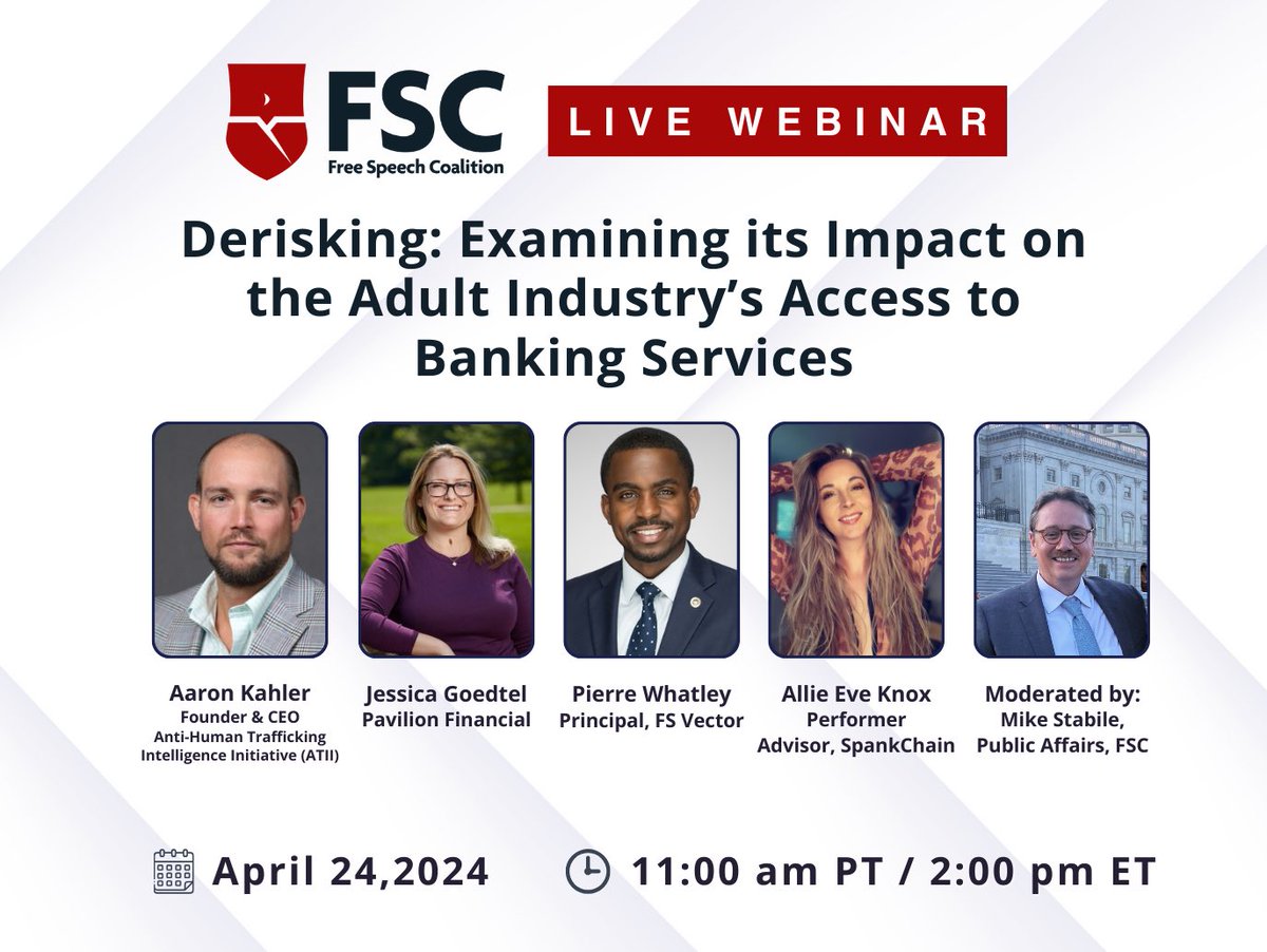Join the Free Speech Coalition for a webinar to discuss financial services derisking and its impact on sex workers and the broader adult industry community 🔈 This Wednesday, April 24th at 2pm ET/ 11am PT 🕐 Register here: tinyurl.com/FSCregister