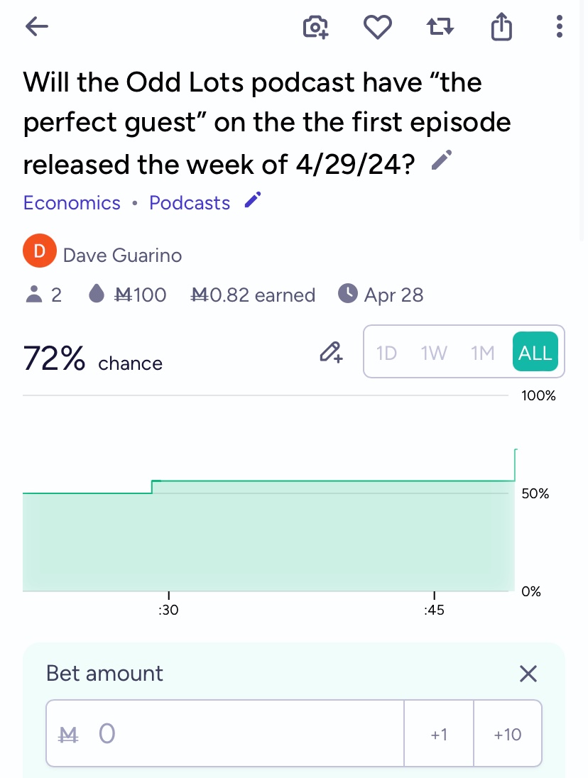 I have long yearned for this so I made it exist — a market for whether @OddLots1 will have “the perfect guest” on in the coming week. (On @ManifoldMarkets) @tracyalloway @TheStalwart manifold.markets/DaveGuarino/wi…