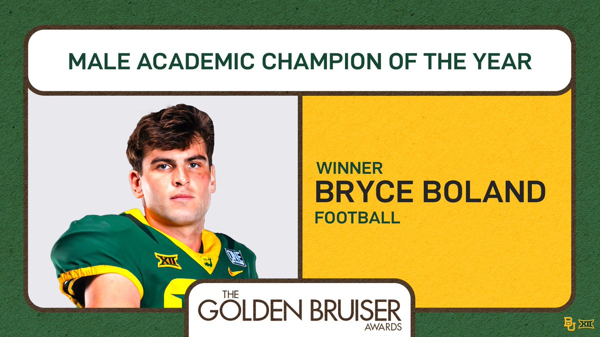 He’s a shining example in the classroom 📚 Congrats to our Male Academic Champion, @bryceboland3 from @BUFootball! #SicEm | #GoldenBruisers24