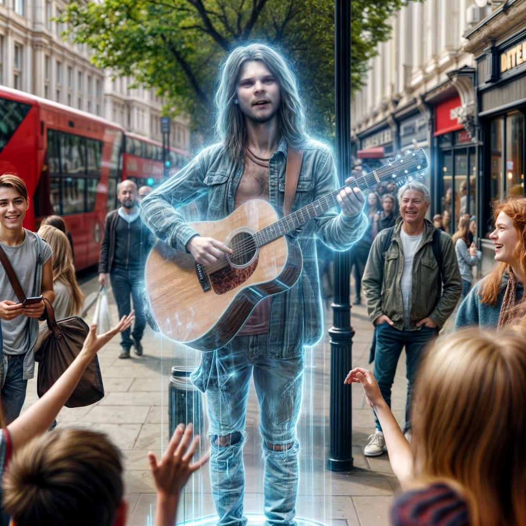 Hologram of male busker performing #AIMusic ballad songs in city street #ConceptArt #AIArt .