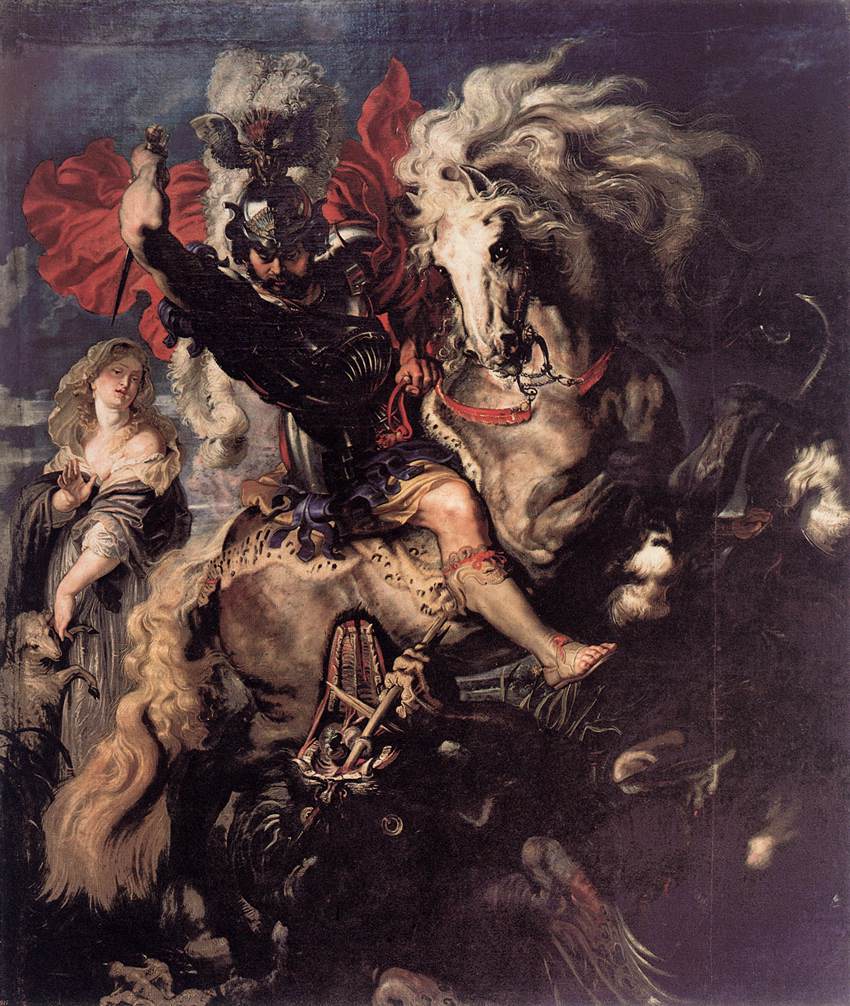 Happy St George's Day 🏴󠁧󠁢󠁥󠁮󠁧󠁿! I'll be posting #17thCentury depictions of this saint throughout the day. First up, we have this super dynamic work by Peter Paul Rubens: 'St George Fighting the Dragon', 1606-10.
Museo del Prado, Madrid.