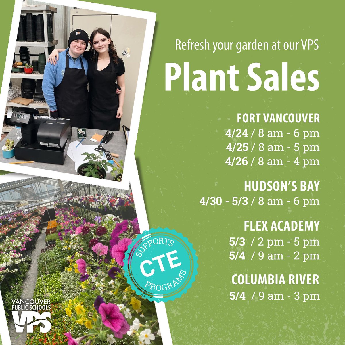 Break out your gardening gloves and find your trowel — it's time for VPS plant sales! 🌱 Cash and card accepted. More information and plant lists are available on our website: vansd.org/plant-sales-20… #VancouverWA #CTE #FFA #Horticulture