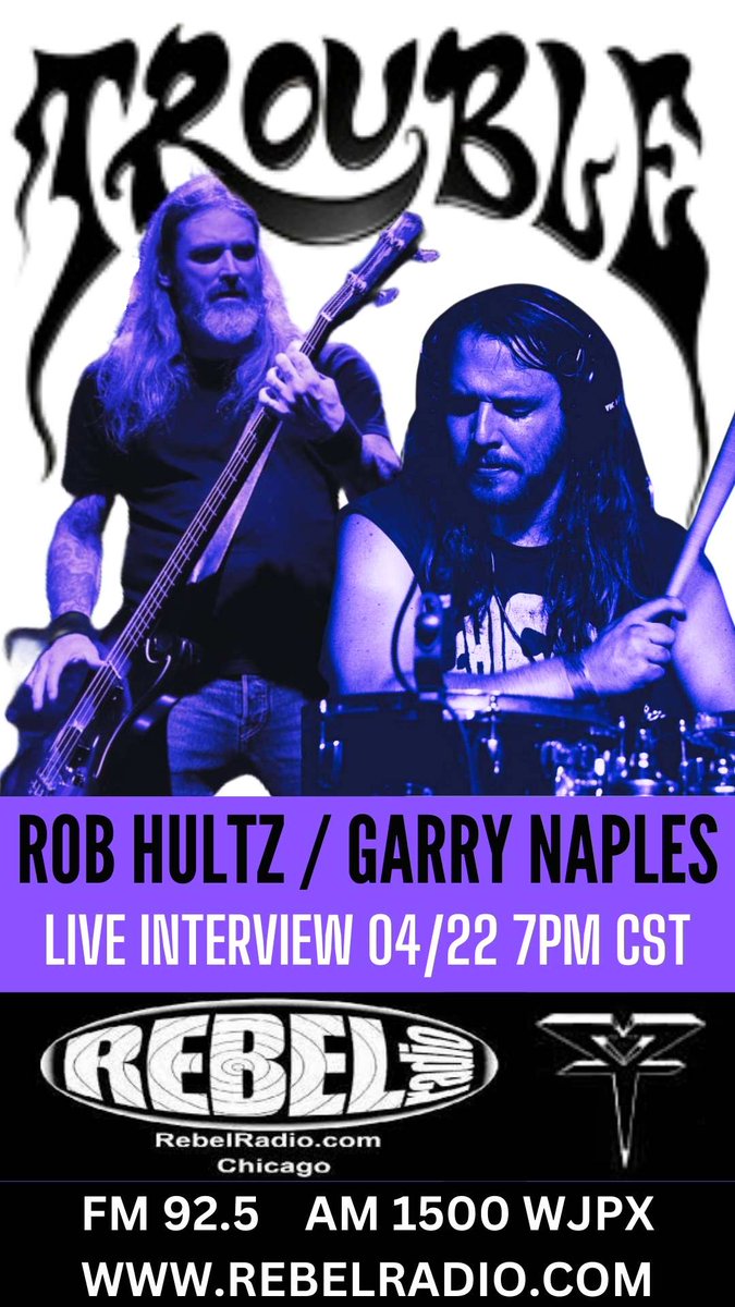 >>> NOW <<< TROUBLE LIVE INTERVIEW Join our bass monster Rob Hultz and radio host Scott Davidson to help us welcome our new drummer Garry Naples ¥ >>> Head to Rebel Radio to watch the LIVESTREAM Or go to rebelradio.com or 92.5 FM or AM 1500 WJPX #troublemetal #trouble
