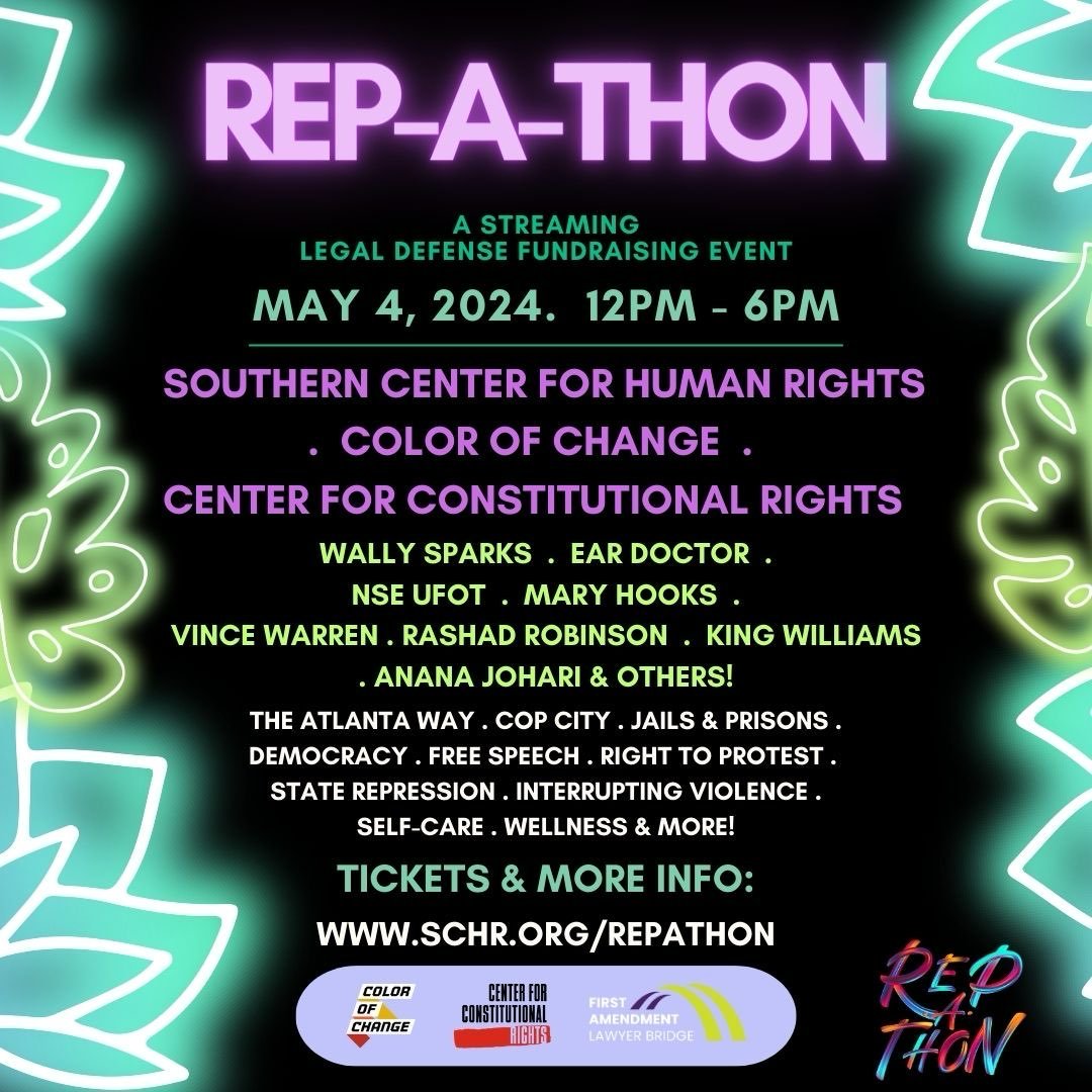 Register now for Rep-A-Thon, a virtual fundraiser for the #StopCopCity legal defense. Lots of cool people speaking/performing, and a great way to learn more about the ongoing legal battle against political prosecutions! Registration and tickets at: schr.org/repathon