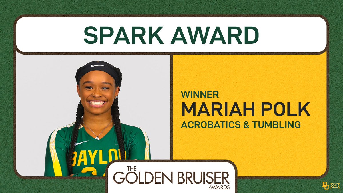 BaylorAthletics's tweet image. Energy. Emotion. Inspiration. ⚡️

The Spark Award goes to Mariah Polk from @BaylorAcroTumb! ✨

#SicEm | #GoldenBruisers24