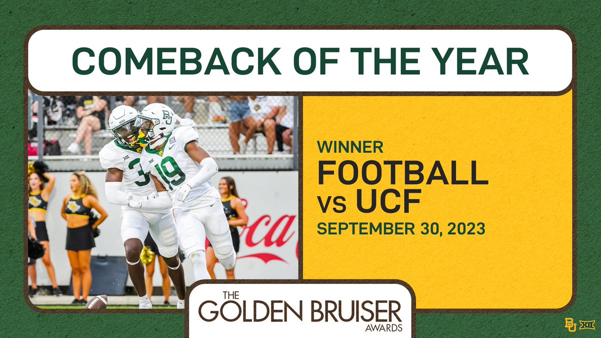 We’re still energized from this amazing win 🤩 Comeback of the Year goes to @BUFootball for their largest comeback victory in school history in their win over UCF! #SicEm | #GoldenBruisers24