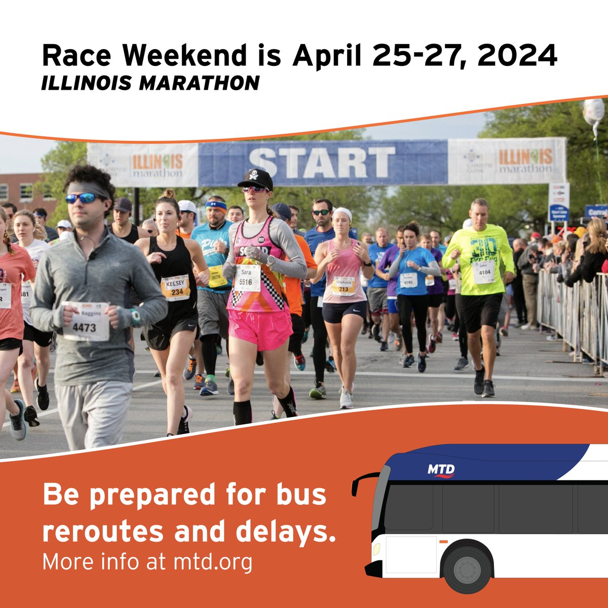 Remember to account for Marathon traffic and road closures Thurs. - Sat., April 25-27. Sign up and customize service alerts at mtd.org/account or check ride.mtd.org/reroutes for active reroutes. #uiuc #champaignillinois #urbana #chambana #illinoismarathon