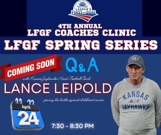 Free access to the latest installment of our spring series on Weds., 4/24 @ 7:30 pm est for LIVE Q&A with @KU_Football HFC @CoachLeipold W/ host @CoachKGrabowski coachtu.be/broadcasts/18 lfgf.org #Beatcancer @FootballScoop @BarstoolKU