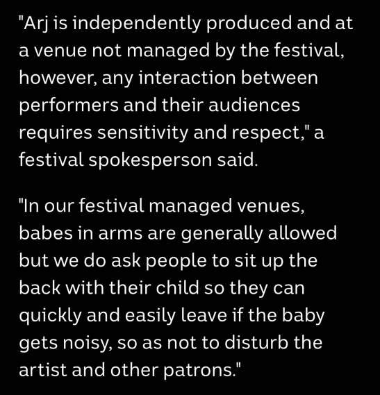 @bychero ABC posted this comment from the MICF organisers, and honestly I think this is a great solution that parents should be enacting. Sit somewhere that you can discretely step out if your baby becomes disruptive to others. It's the best common courtesy option