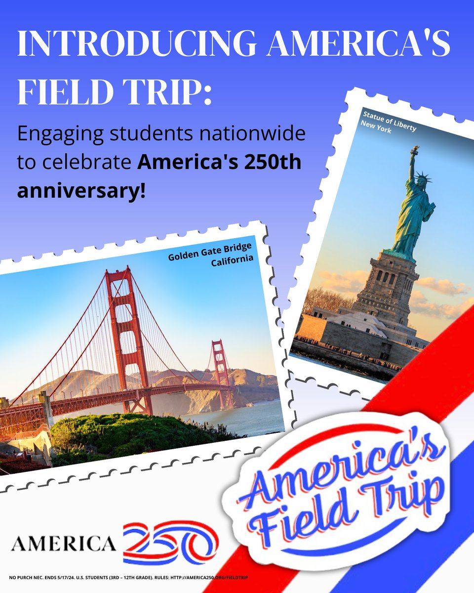 Are you a parent or teacher of a student in Grades 3-12? Encourage them to enter @America250’s #AmericasFieldTrip competition by submitting artwork, essays, videos, or other media that respond to the prompt: “What does America mean to you?” Learn more: america250.org/fieldtrip
