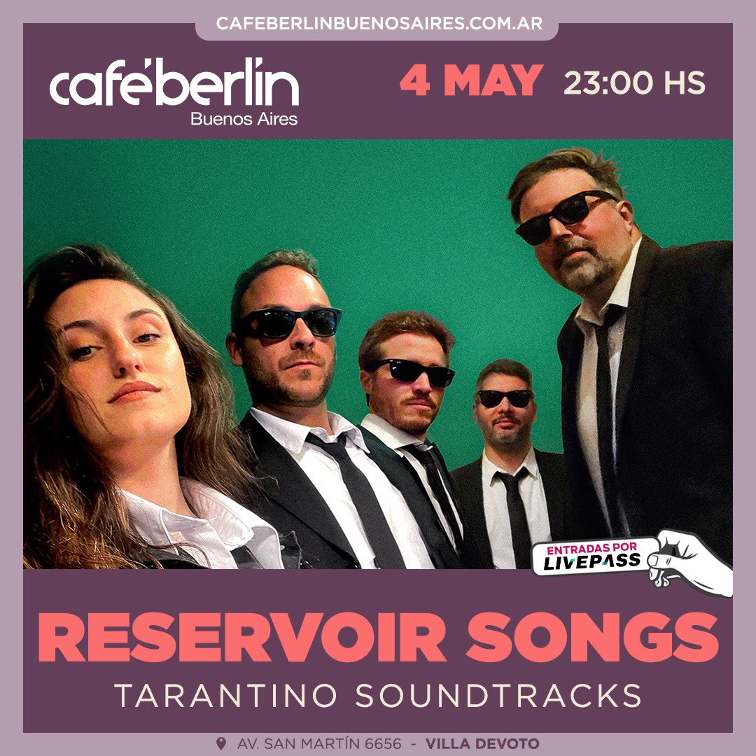 El sábado 4 de mayo volvemos al <a href="/cafeberlinbsas/">Café Berlín Buenos Aires</a> para más #tarantino #soundtracks en vivo. Ubicaciones numeradas por sistema <a href="/livepassarg/">Livepass Argentina</a> livepass.com.ar/events/reservo…