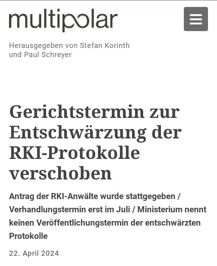 888 #RKIFiles #Klage

22.04.2024

'Auf die Frage, zu welchem Termin die entschwärzten Protokolle nun tatsächlich veröffentlicht werden, verwies das Gesundheitsministerium gegenüber Multipolar auf das RKI, da dem Ministerium „die Dokumente nicht vorliegen“ würden. Das RKI ließ