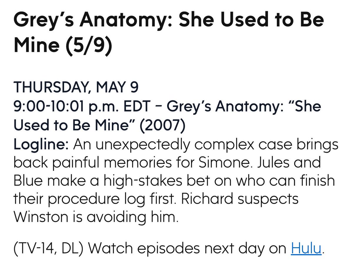 Grey’s Anatomy 20x07 - “She Used to Be Mine” - airing May 9, 2024 | PRESS RELEASE @GreysABC #GreysAnatomy