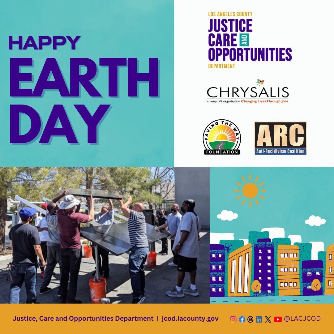 As we celebrate Earth Day, JCOD remains commited to creating green jobs for Justice-Involved Individuals. Huge shoutout to our partner organizations, Paving the Way Foundation, @AntiRecidivism and @ChrysalisSoCal, who have connected clients with jobs in solar installation…