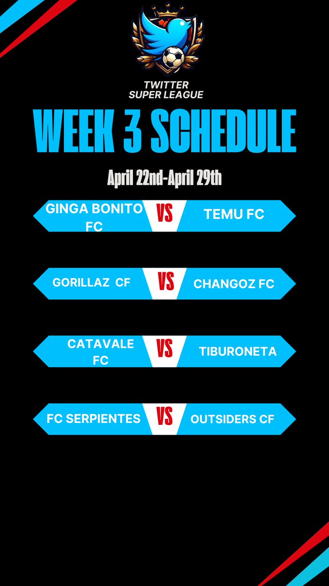 Week 3 of the #TwitterSuperLeague kicks off tonight. 

Here’s what the matchups look like ⬇️ 

<a href="/ChangozFC/">Changoz FC ⭐️⭐️</a> 🦧 vs. <a href="/GorillazCF/">Gorillaz CF</a> 🦍

@FC_Serpientes 🐍 vs. <a href="/OutsidersCF_/">Outsiders CF</a> 👽

@CatavaleAFC ⚔️ vs. <a href="/Tiburoneta1/">Tiburoneta</a> 🦈 

@TemuFC 🦁 vs. <a href="/GingaBonitoPC/">Ginga Bonito FC 🐆</a> 🐆