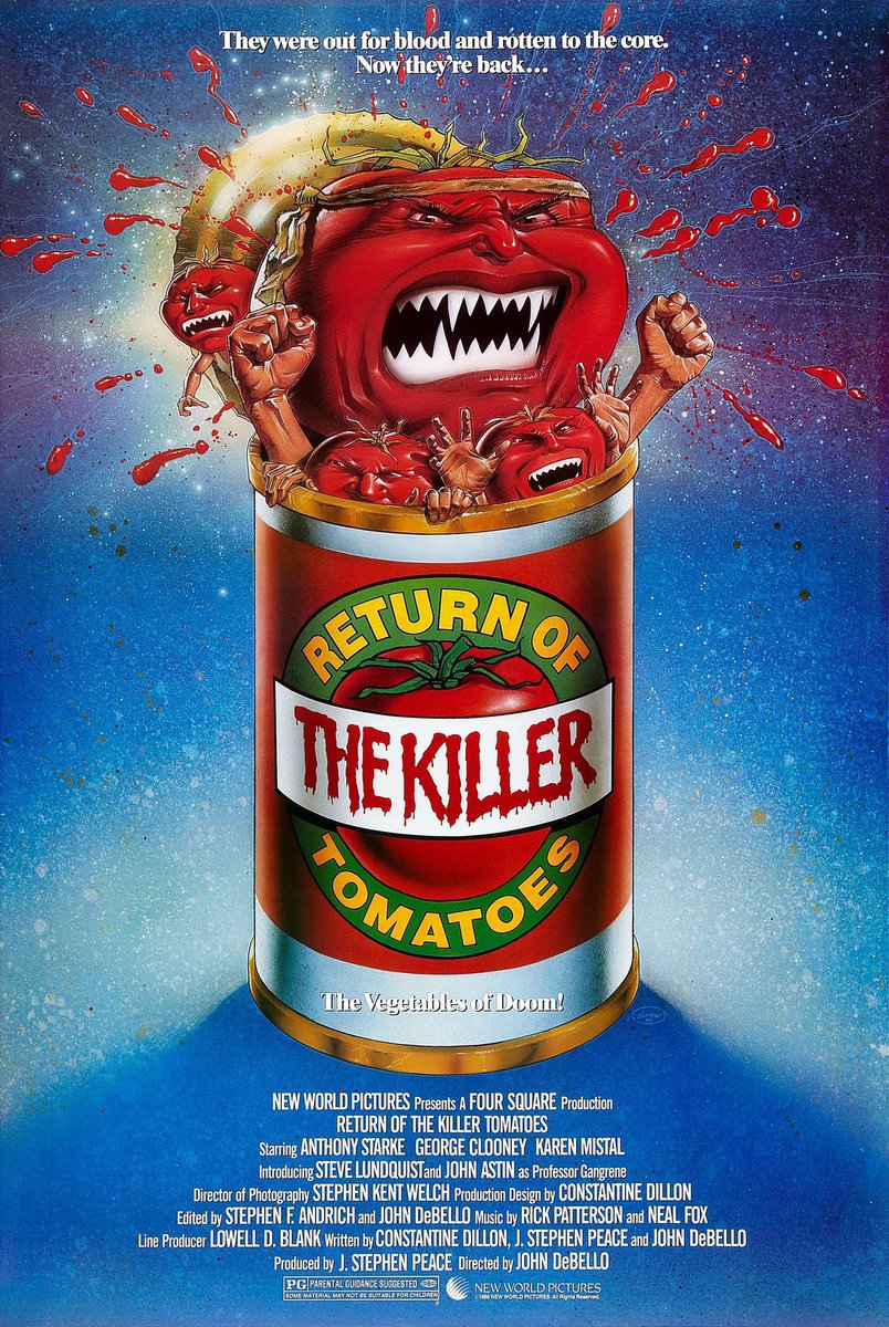 🎬MOVIE HISTORY: 36 years ago today, April 22, 1988, the movie ‘Return of the Killer Tomatoes’ opened in theaters!

#AnthonyStarke #GeorgeClooney #KarenMistal #SteveLundquist #JohnAstin #JStephenPeace #MichaelVillani #FrankDavis #HarveyWeber #JohnDeBello