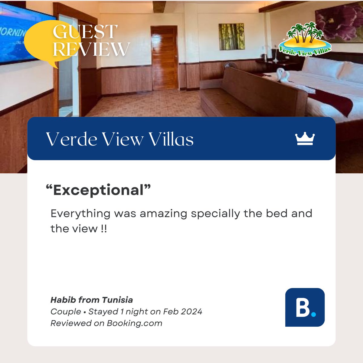 Thrilled to hear you had an amazing time here at #VerdeViewVillas! Hope to see you again soon, Habib!

For inquiries and reservations;
Mobile/Whatsapp 📷: (+63) 9993658667
Email 📷: info@sunriseviewvillas.com

#puertogalera #resorts #5starreview #guestreview #hotels #villas