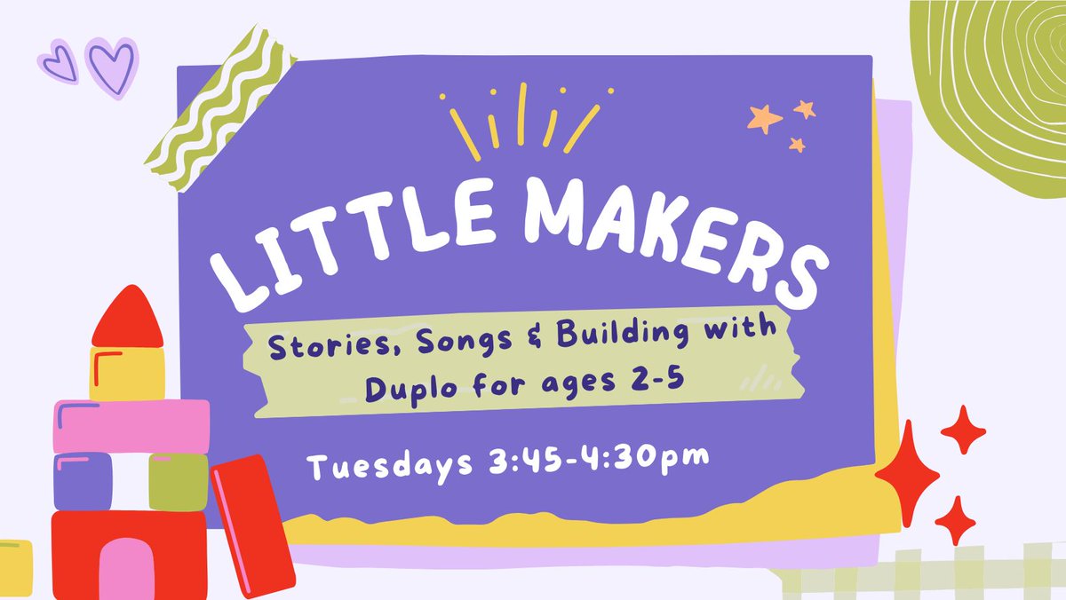 We’re back with another Little Makers Tuesday April 23. Join us for songs, stories, and building with Duplo with a special guest storyteller. You won’t want to miss it!