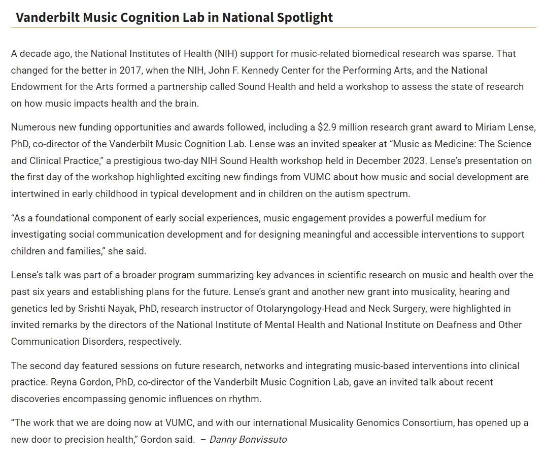 @VUmedicine Feature about all the different ways in which the @VanderbiltENT #musiccognitionlab was highlighted at the NIH Music as Medicine workshop in December (@SoundHealthNet). Exciting stuff ahead with increased investments in music-related biomed research!