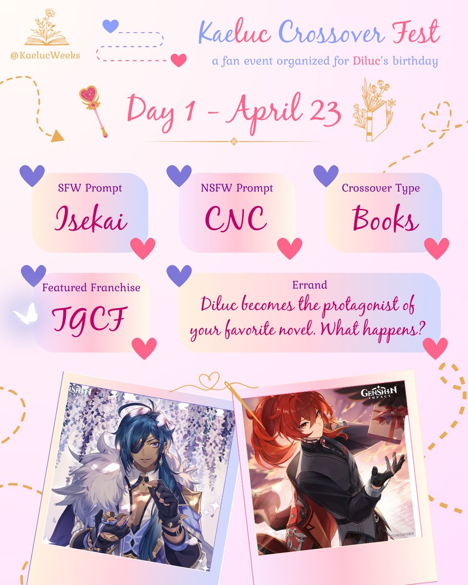 The #KaelucCrossoverFest is now live! ✨ 

Are you ready to celebrate Diluc's birthday the #kaeluc way? ❄🔥 Check out the prompts and errands planned for the day, there's something for everyone! 

🌸 Make sure to tag us so we don't miss your participation