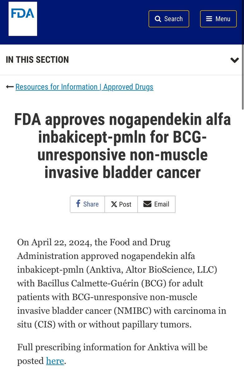 🚨FDA approves nogapendekin alfa inbakicept-pmln for BCG-unresponsive non-muscle invasive bladder cancer. 👉🏼nogapendekin alfa = A fusion protein complex composed of a mutated form of the cytokine interleukin (IL)-15 (IL-15N72D) and a soluble, dimeric IL-15 receptor alpha