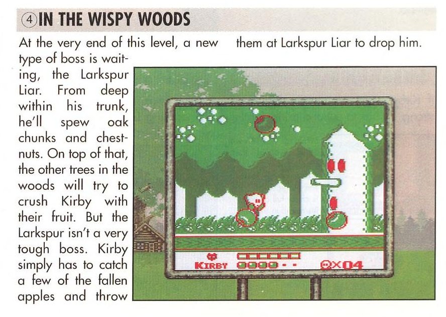 This excerpt from an old Game Boy player's guide will never not be hilarious to me, they LITERALLY had Whispy Woods' name RIGHT THERE but apparently they didn't get the memo and called him the Larkspur Liar instead 😭