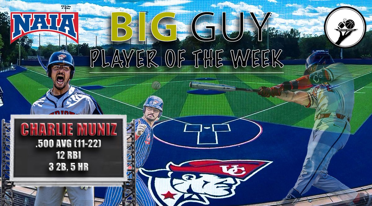 🚨WEEK 13 BIG GUY PLAYER OF THE WEEK IS HERE🚨 AND THE WINNER IS..... CHARLIE MUNIZ of @PatsBaseballUC coached by @UCCoachShelton The junior out of Naranjito, Puerto Rico has been on an absolute TEAR! He finds himself second in the NAIA in RBIs with 77 and at the TOP of the HR