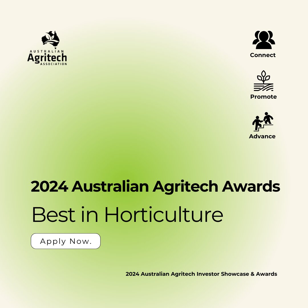🌱 The Australian Agritech Awards applications are open, you should apply for the Best in Horticulture Award! Submit your application here: loom.ly/PAoP5nU Applications close: Monday 13th May 2024 #AgritechAwards #Innovation #Agriculture #TechInAg #AgritechInnovation