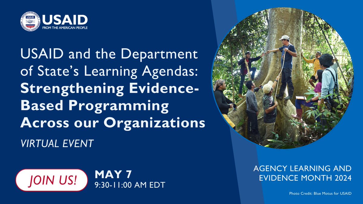 How are #learning agendas strengthening evidence use at @USAID & @StateDept? Today’s Agency Learning and Evidence Month session addresses this question. Don't miss it! 📅May 7 at 9:30 a.m. EDT: usaid.zoomgov.com/webinar/regist… #AgencyLearningAgenda #OrganizationalLearning