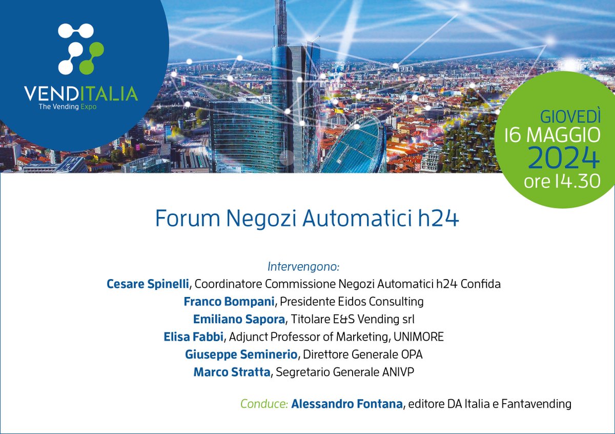 Il 16 maggio alle ore 14.30 a Venditalia, presso la sala “Venditalia Talks” si terrà il primo Forum dei Negozi Automatici H24.
#distributoriautomatici #distribuzioneautomatica #vending #negoziautomaticih24 #negozih24