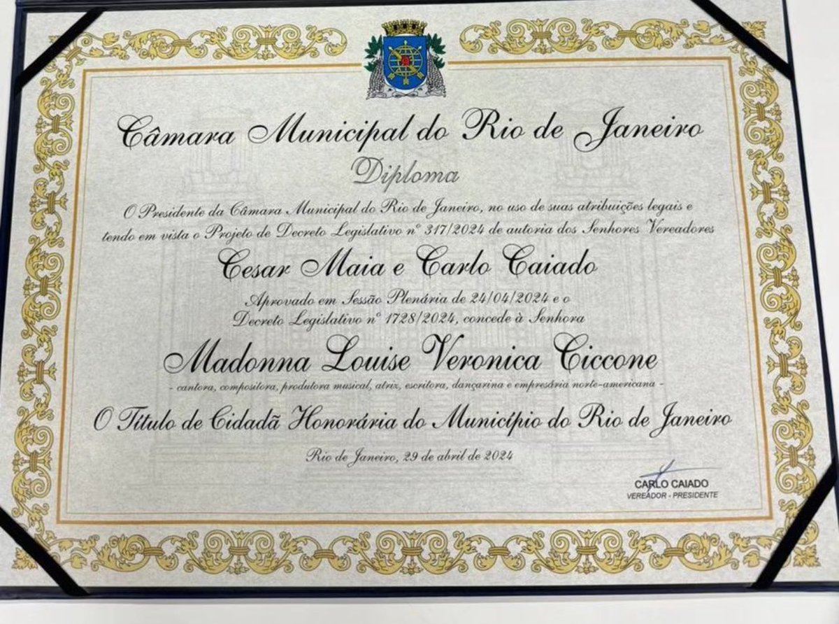 FALA DELA! Madonna Louise Veronica Ciccone é oficialmente cidadã honorária do Rio de Janeiro!
