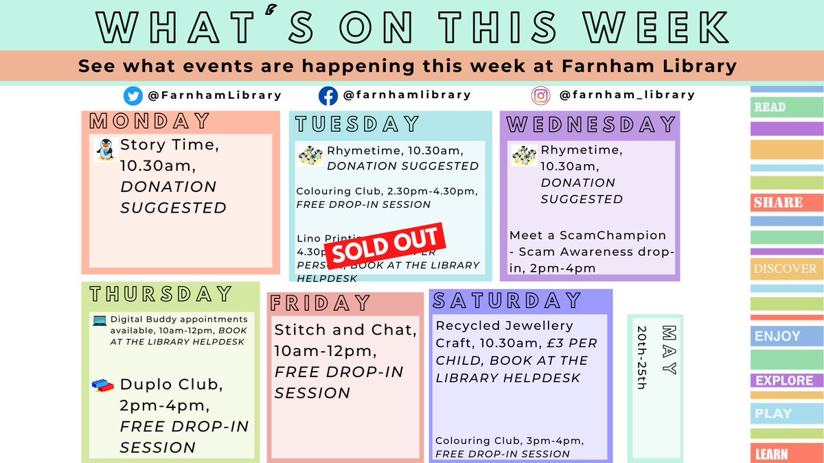 Next week: Mon: 10.30am: Story Time Tues: 10.30am: Rhymetime 2.30pm-4.30pm: Colouring Club Weds: 10.30am: Rhymetime 2pm-4pm: Scam Awareness Thurs: 2pm-4pm: Duplo Club Fri: 10am-12pm: Stitch & Chat Sat: 10.30am: Recycled Jewellery 3pm-4pm: Colouring Club @SurreyLibraries