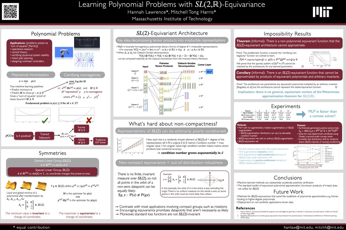 Hannah Lawrence (@hlawrencecs) on Twitter photo Curious what’s hard about non-compact group equivariance? Interested in ML for polynomial optimization? Come to Mitchell Harris' and my poster #275 on Friday morning, 10:45am - 12:45pm, to learn more (including a surprising impossibility result)!
Paper: openreview.net/pdf?id=gyfXuRf… Curious what’s hard about non-compact group equivariance? Interested in ML for polynomial optimization? Come to Mitchell Harris' and my poster #275 on Friday morning, 10:45am - 12:45pm, to learn more (including a surprising impossibility result)!
Paper: openreview.net/pdf?id=gyfXuRf…