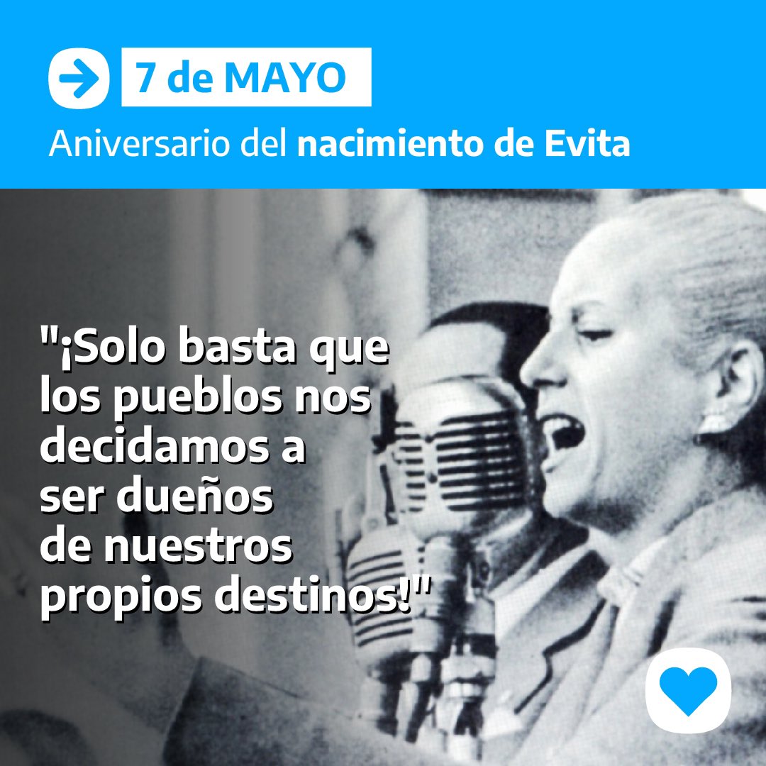 Hoy se cumplen 105 años del nacimiento de Evita, una referencia ineludible en la construcción de igualdad y justicia social 💚